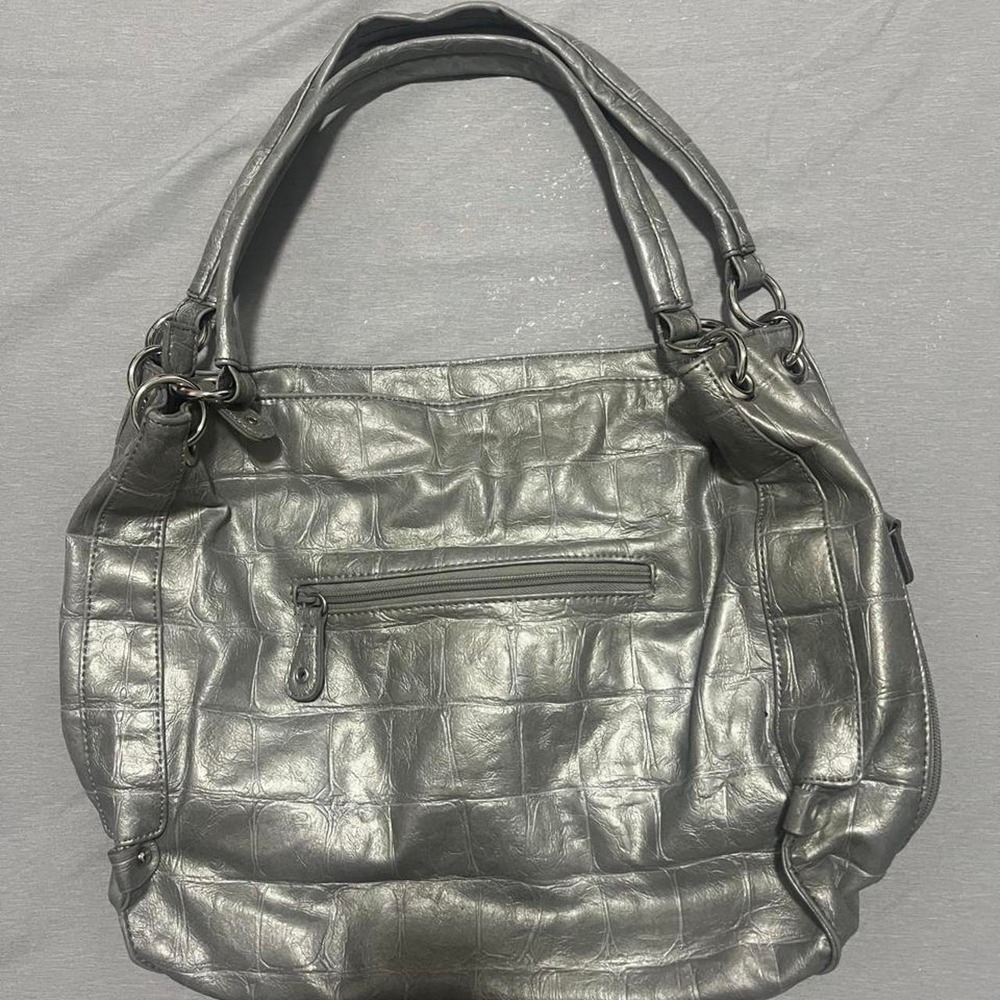 Silver Metallic Faux Croc Embossed Shoulder Bag Y2K Retro Glam Handbag Purse